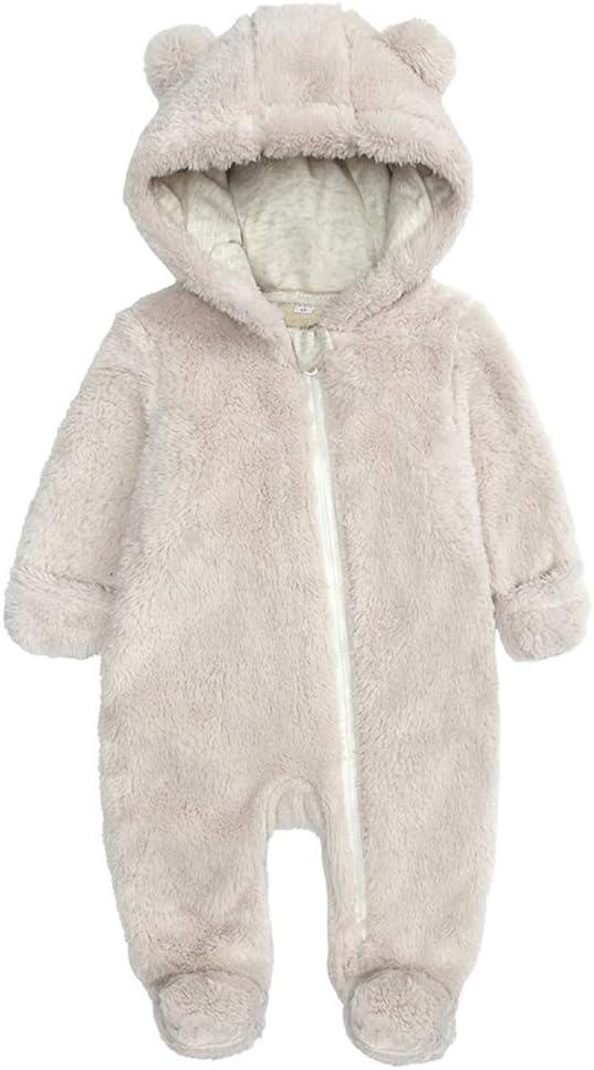 Newborn Baby Snowsuit Fleece Lined Onesie Outfits Warm Hooded Romper for Infant (0-3M, Footed-beige)