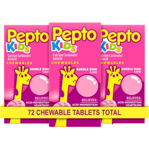 Pepto Kids Bubblegum Antacid Tablets Chewable, Upset Stomach Relief for Kids, Heartburn Relief, Acid Indigestion and Sour Stomach Relief, 72 Chewable Tablets (3x24 ct)