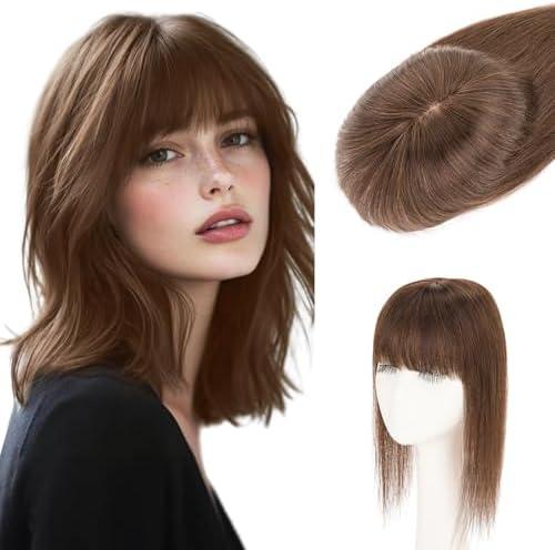 S-noilite Hair Toppers for Women Real Human Hair, 100% Human Hair Toppers with Bangs for Thin Hair,3.5"*4.7" Handmade Nature-mimicking Scalp Base 10” Dark Brown