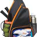 Pickleball Sling Bag with Shoe Compartment for Men Women, Professional 2-3 Paddle Backpack, Large Capacity Bag with 36oz Water Bottle Pocket & Fence Hook (Black/Amber)