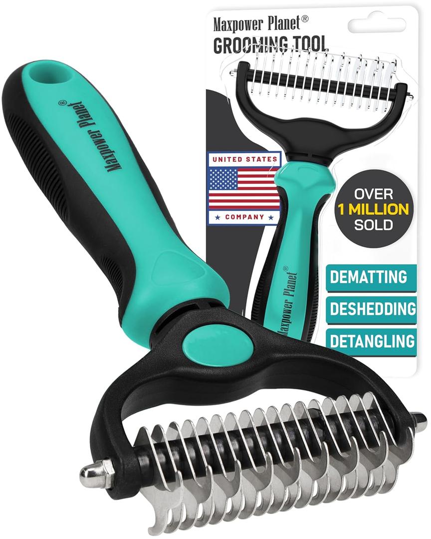 Maxpower Planet Hair Brush - Double Sided Shedding, Dematting Undercoat Rake for Dogs and Cats - Extra Wide Dog Grooming Brush, Reduce Shedding by 95%, Turquoise (Large)