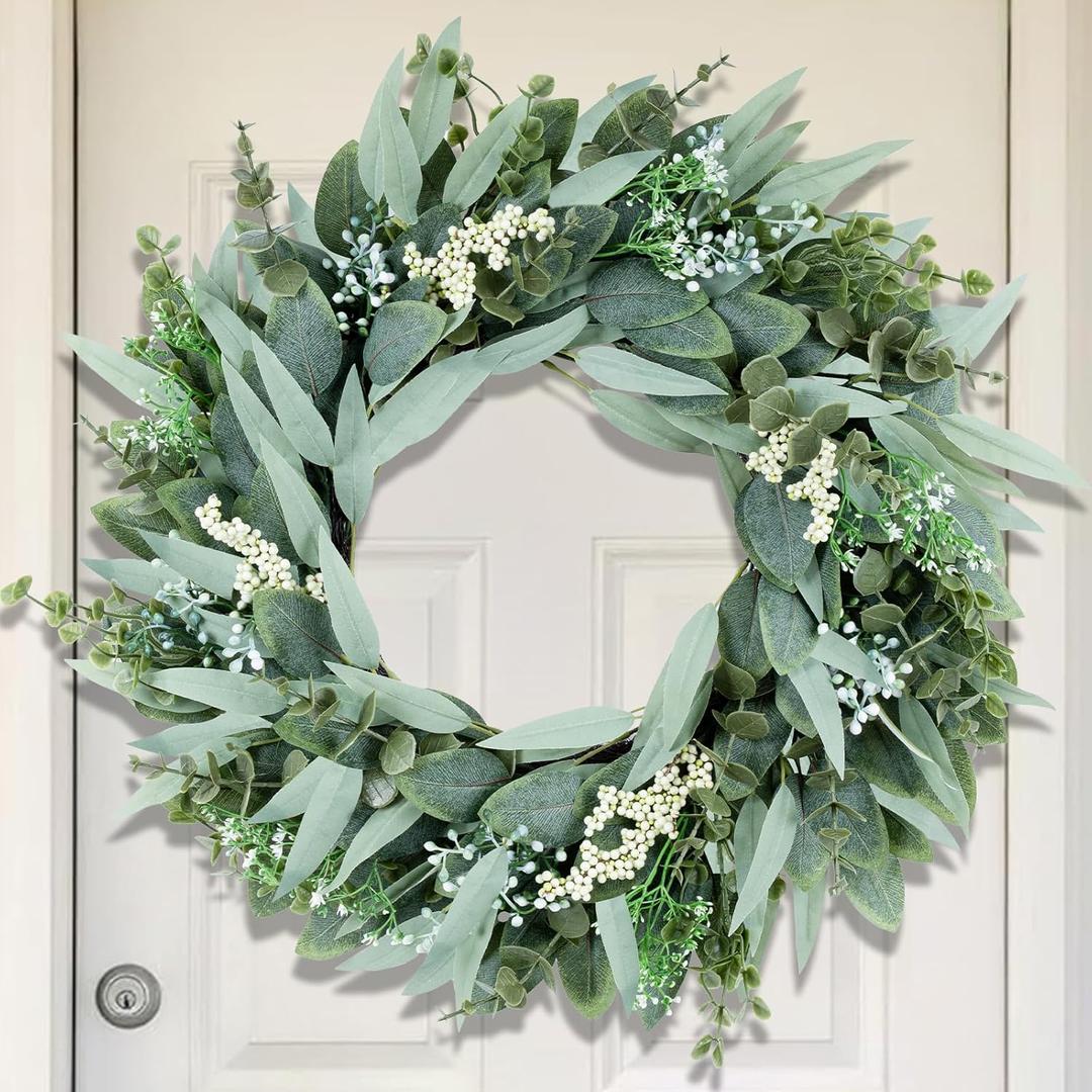 26" Eucalyptus Wreaths Large Artificial Greenery Outdoor/Indoor Wreath Spring/Summer Wreath Green Wreaths for Front Door Porch Window Wall Hanging Decor All Year Round Wr-eathGreen (26IN)
