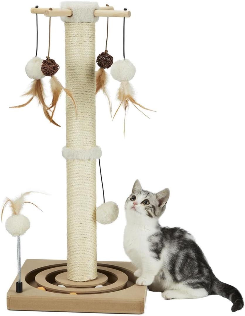 PEEKAB Cat Scratching Post 27 Inches Sisal Scratch Posts for Indoor Cats,with Track Ball Toys Kitten Vertical Scratcher Furniture Beige