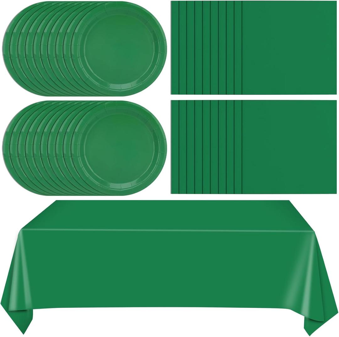 49Pcs Green Birthday Party Decorations Green Party Supplies Set Include 24 Plates 24 Napkins and 1 Tablecloth, Disposable Green Tableware for Birthday Wedding Graduation Baby Showers Party
