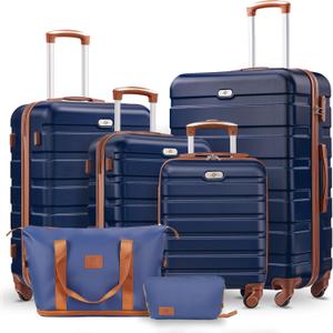 Suitour 6 Piece Luggage Sets, 16, 20, 24, 28 inch Hardside Carry-on and Checked Suitcase Set with Travel Duffle Bag Sets(Navy Brown)