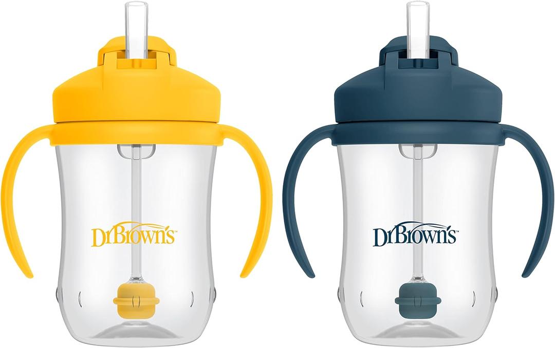 Dr. Brown's Milestones Baby's First Straw Cup, Training Cup with Weighted Straw, 9oz/270mL, Dark Blue/Vintage Yellow, BPA Free, 6m+, 2 Pack