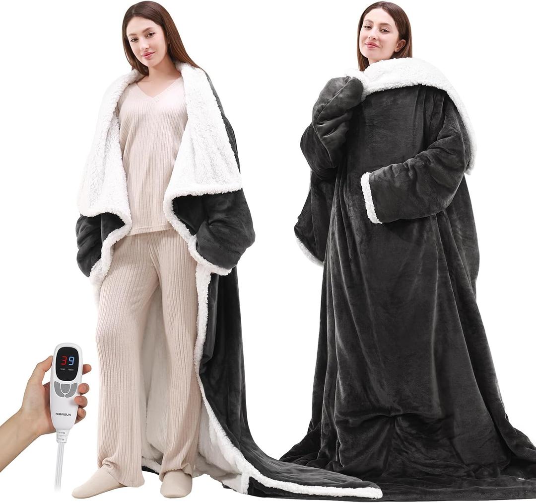 NIORSUN Heated Blanket Throw with Foot Pocket, Wearable Electric Blanket with 9 Heating Levels & 10 Time Settings, Ultra-Soft Flannel & Sherpa, Cozy Gift for Family and Friends, 50 * 70", Grey