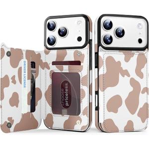 TopPerfekt for iPhone 17 Pro Wallet Case with Card Holder, Military-Grade Drop Protection, Flip PU Leather Built, Double Magnetic Clasp Durable Shockproof for iP17 Pro 6.3Inch Cover- Brown Cow Pattern