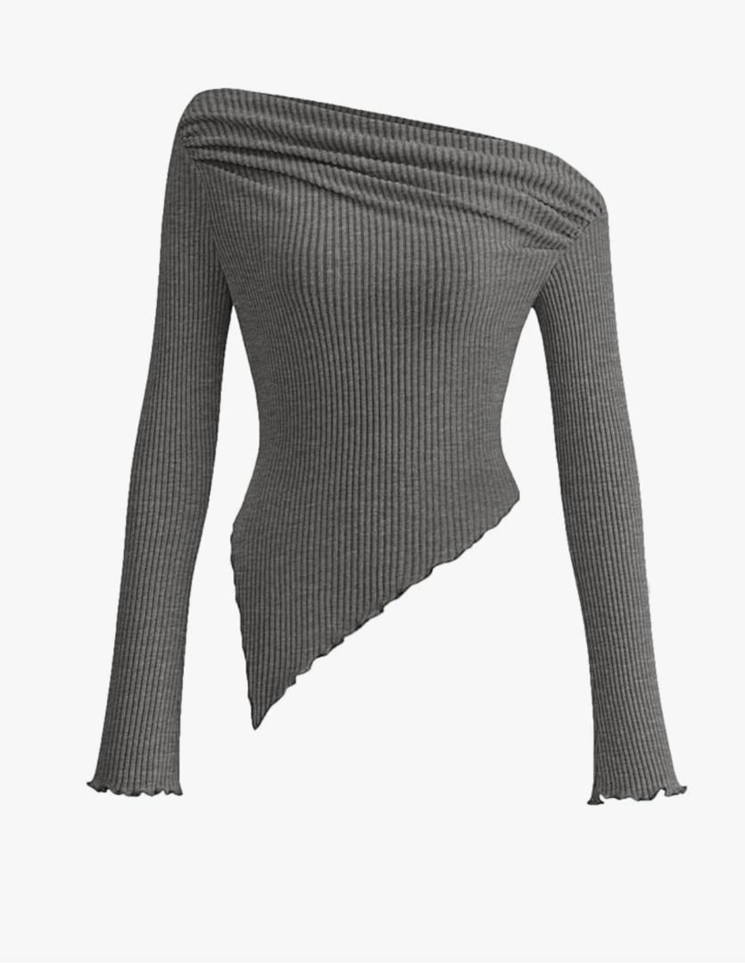 PRETTYGARDEN Women's Spring Long Sleeve Y2K Crop Top Trendy Off Shoulder Asymmetrical Fitted Knit Tee Shirts Going Out Tops Grey XS