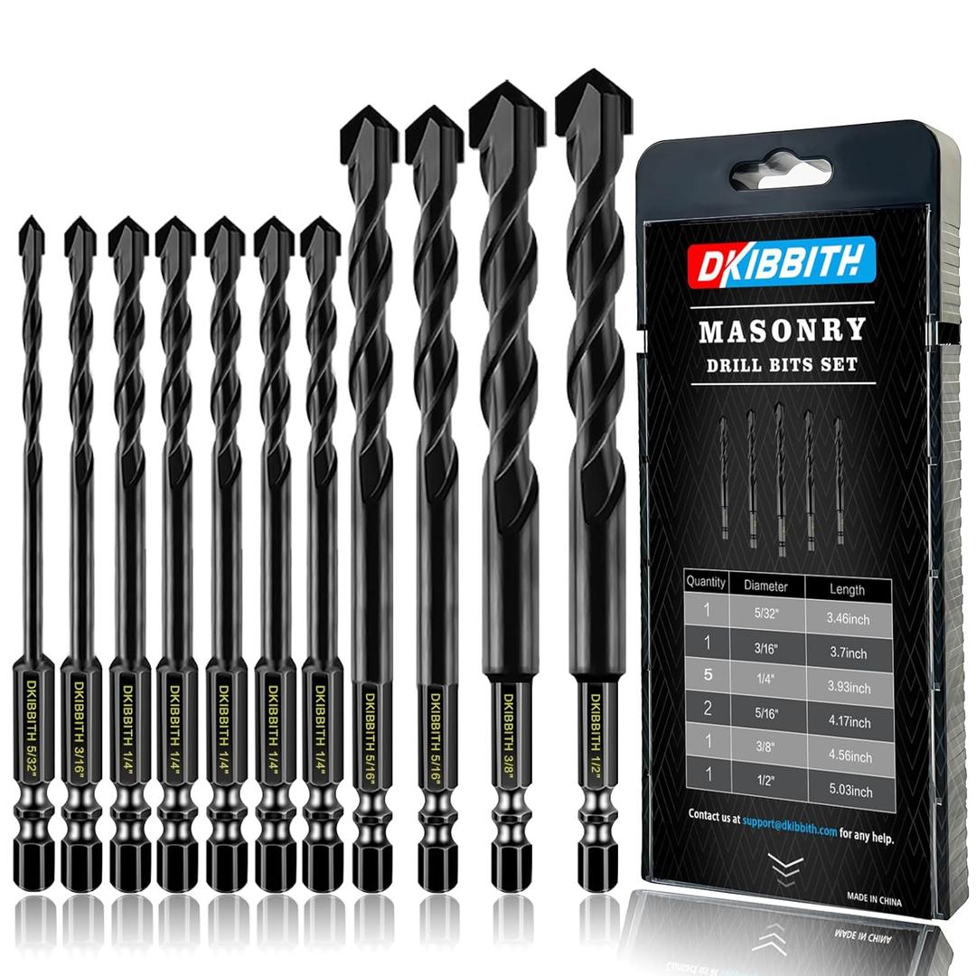 11-pc Masonry Drill Bits Carbide Concrete Drill Bit Set for Stone Tile Brick Ceramic Glass Metal Sheet Plastic and Wood, Quick Change 1/4" Hex Shank, Size 5/32 3/16" 1/4" 5/16" 3/8" 1/2" with Case
