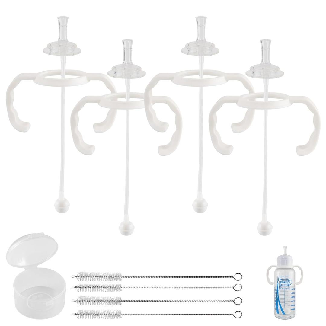 Straw Cup Conversion Kit for Dr Browns Narrow and Narrow Glass Baby Bottles, Spill-Proof Transition Kit with Silicone Straw Nipple, Weighted Straw, Handle, 4 Pack, 8m+
