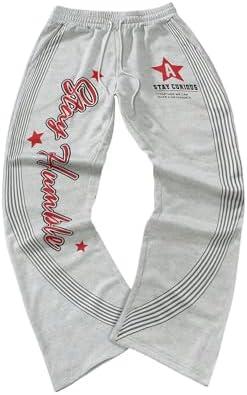 RoseSeek Men's Graphic Print Flared Leg Sweatpants Striped Drawstring Bell Bottom Pants, M/L