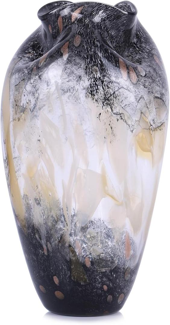 Murano Style Glass Vase, Hand Blown Decorative Art Vase with Ruffled Opening for Flowers, Shelf Tabletop Mantel Display, Abstract Home Decor for Living Room Bedroom (11.8in, Blakc)