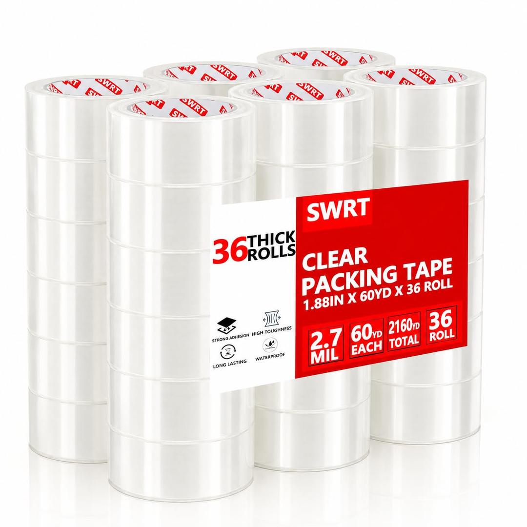 SWRT 2.7Mil Thick Ultra Clear Packing Tape, 36 Rolls Heavy Duty Packaging Tape for Shipping Packaging Moving Mailing, Thicker Sealing Tape-1.88" x 60 Yards Per Roll, 2160 Total Yards