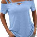 Micticsi Womens Cold Shoulder Tops for Women Summer Sexy Cut Out Tops Short Sleeve Criss Cross Casual Shirts (Blue, L)