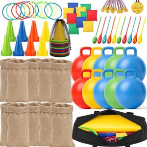 76 Pcs Outdoor Carnival Games Set, Multi Game Field Day Kit with Potato Sack Race Bags, Hopper Balls, Ring Toss, Bean Bags, Medals Cones for Backyard Party, Picnic, Reunion, Team Building