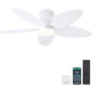 Palm Leaf Ceiling Fans with Lights-42 Tropical Ceiling Fan with Light and Remote/APP Control,Flush Mount Low Profile White Ceiling Fans for Bedroom,Indoor/Outdoor Patio Use