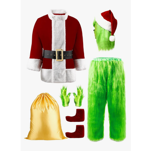 Halloween Costumes Adult, Green Costume 8PCS Christmas Santa Claus Costume for Men Cosplay Costume With Mask L