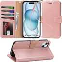 Arae Compatible with iPhone 15 Plus Case with Card Holder and Wrist Strap Wallet Flip Cover for iPhone 15 Plus 6.7 inch,Rose Gold