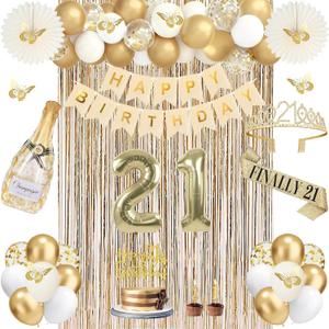 21st Birthday Decorations for Her, Champagne Gold Happy 21st Birthday Decorations for Girls, 21 Sash and Crown, Banner, Fringe Curtains, Hanging Paper Fans, 21 Year Old Party Supplies Set