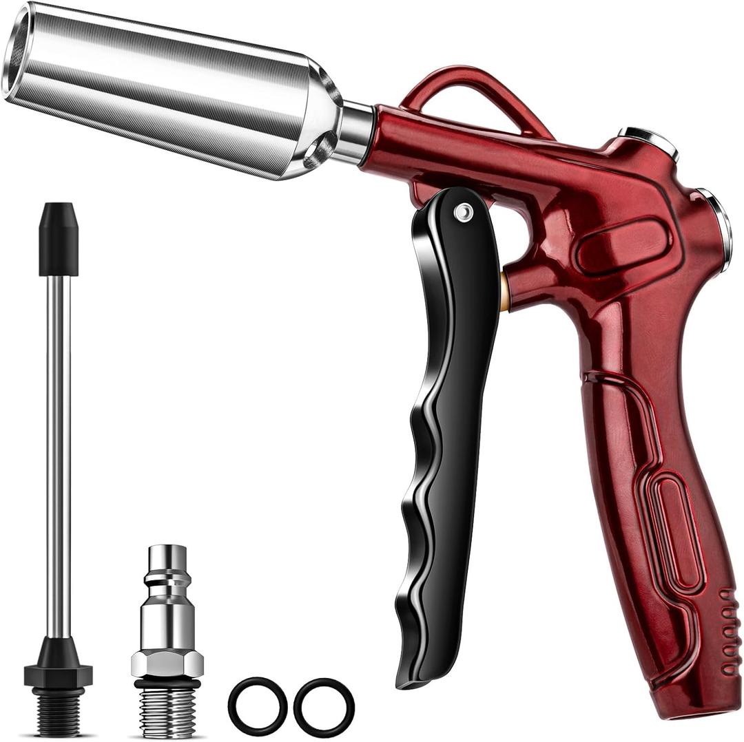 High Volume Air Blow Gun with Powerful Flow Nozzle, Retro Red Air Nozzle Blower Gun with 4.9" Stainless Steel Extension & 1/4'' Standard Quick Plug, Pneumatic Tool for Air Compressor Accessories
