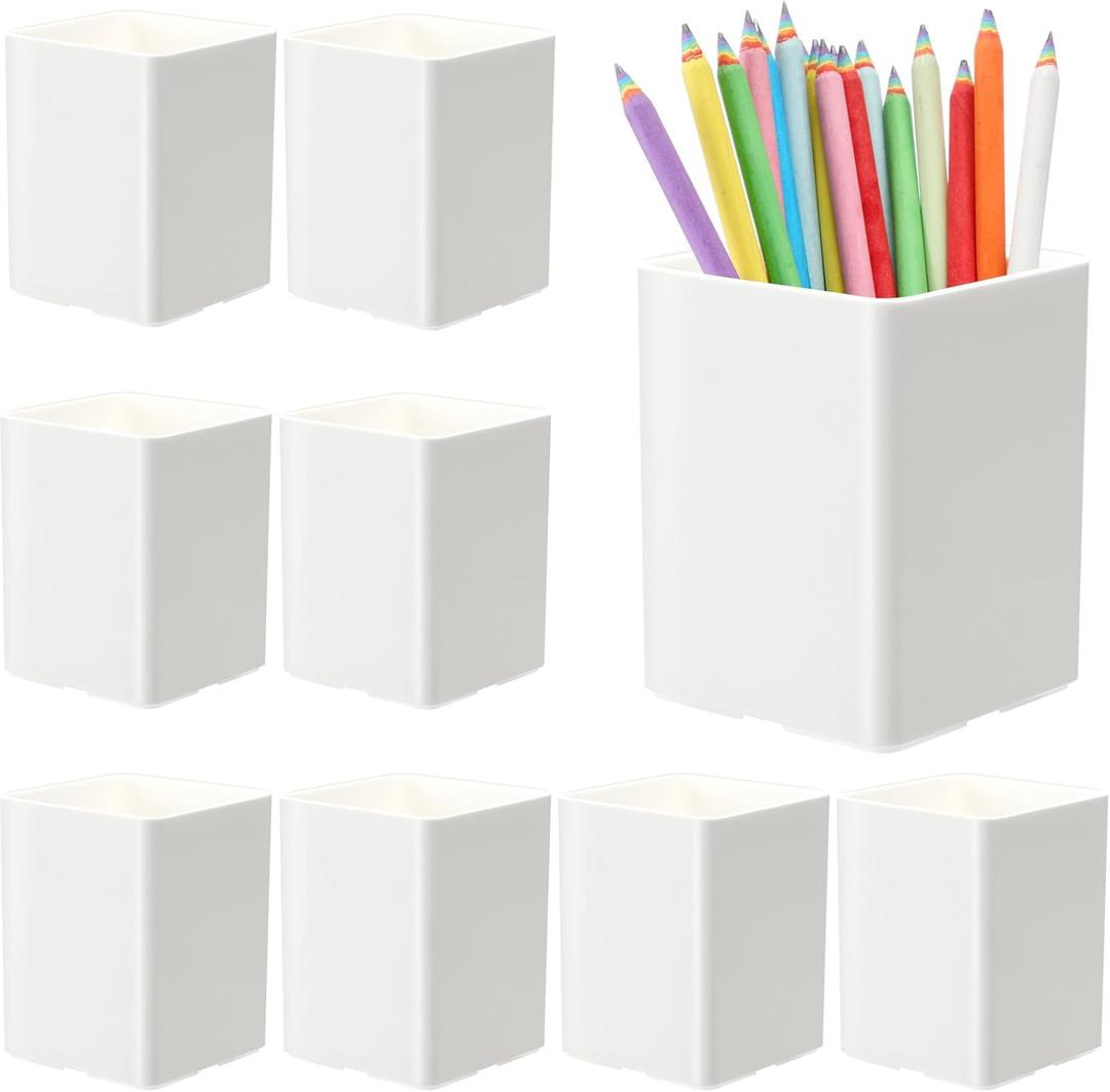 Jutom 8 Pcs White Acrylic Pen Holder for Desk, Pencil Cup Bulk Makeup Brush Storage Organizer, Desktop Pencil Cup Stationery Desktop Stationery Organizer for Office School Home Supplies
