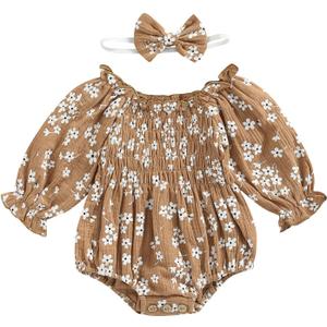 2pcs Infant Baby Girls Romper Dress Headband Long Sleeve Clothing Flowers Newborn Boho Girl Outfit Jumpsuit Clothes (0-6 Months, Brown)