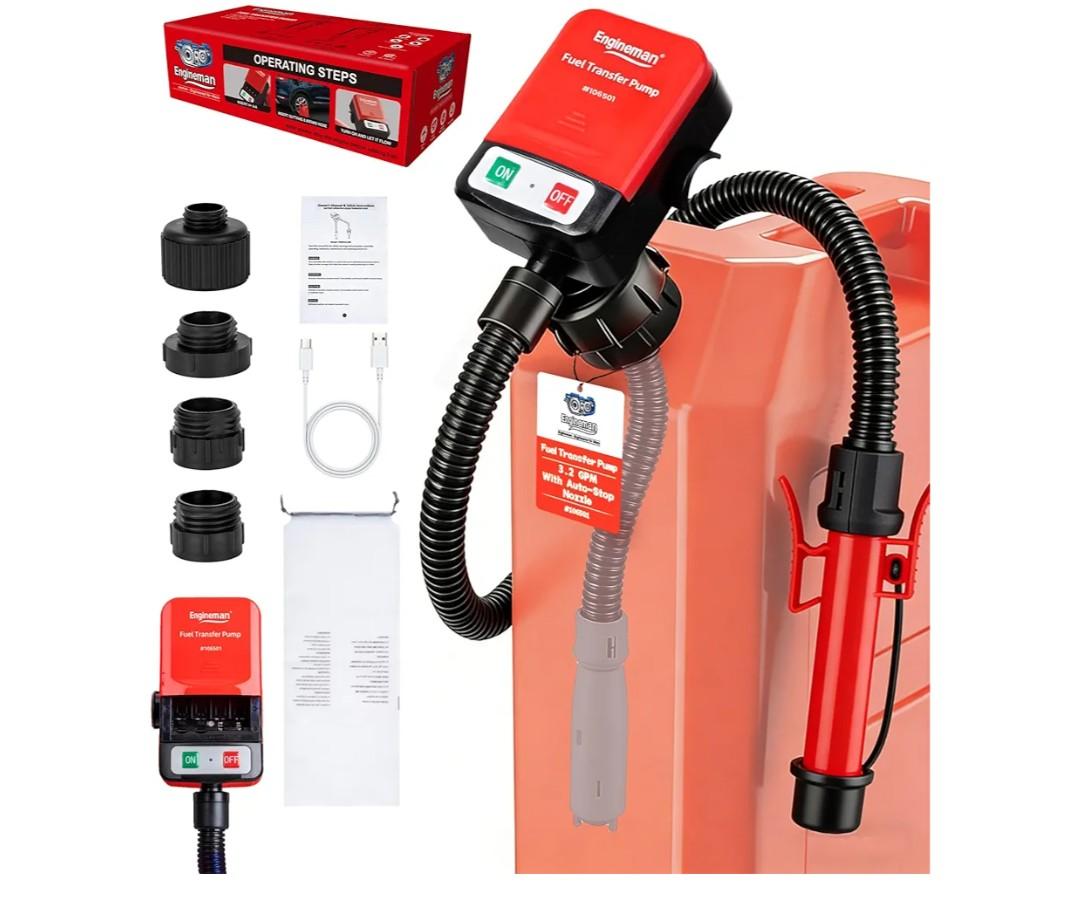 Automatic Fuel Transfer Pump with Auto-Stop, 51'' Extra Long Hose, 3.2 Gallon per Min, Battery or USB Powered, 4 Can Adapters, Fast and Safe Portable Gas Can Pump for Oil, Diesel,Gasoline