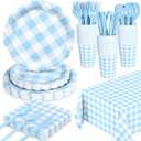 WNINK 176 PCS Light Blue Gingham Plates and Napkins, Blue Checkered Disposable Plates Set with Napkins Cups Plastic Spoons Forks Knives for Dinner Birthday Baby Shower Wedding Supplies Serve 25 Guests