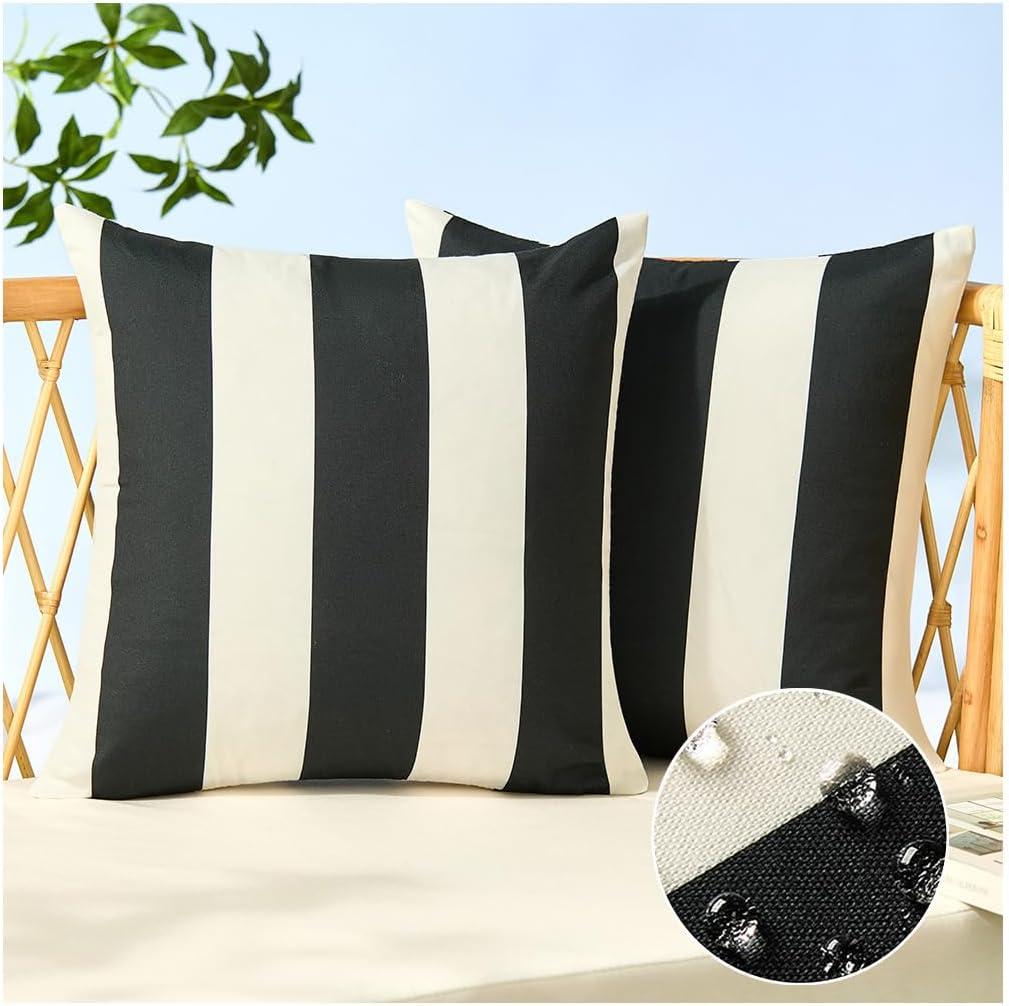 Allorry Outdoor Pillow Covers 18x18 Set of 2 Black Striped Decoration Throw Pillow Covers for Spring Summer Outdoor Waterproof Garden Patio Furniture Sofa Bed Home Decor JB007-A18