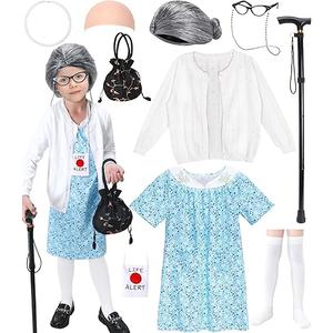 Boutrele 11 Pcs Old Lady Costume for Kids,100 Days of School Costume Girls,Grandma Costumes for Kids Accessories, 8-10T