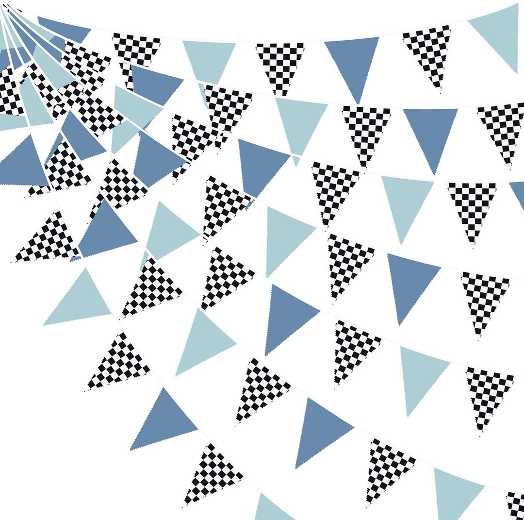 32Ft Racing Party Decorations Dusty Blue Black White Checkered Racing Car Fabric Banner Triangle Flag Pennant Garland Streamers for Boys Race Car Birthday Racetrack Baby Shower NASCAR Picnic Decor