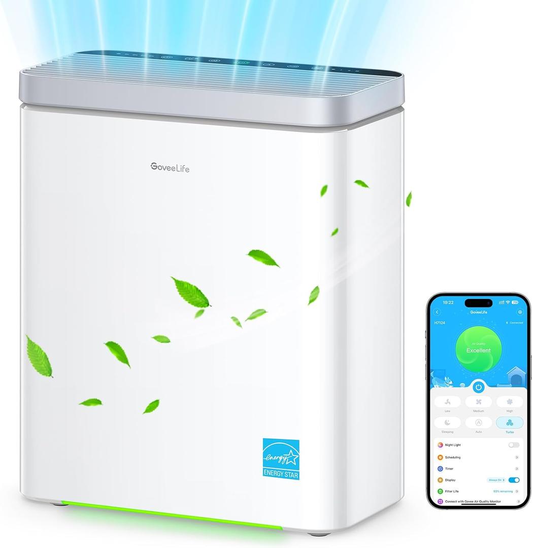 GoveeLife Smart Air Purifier for Large Home Rooms, Covers up to 1046 ft, PM2.5 Monitor, HEPA Sleep Mode, 3-in-1 Filter Air Purifier with App and Alexa Control for Pet Hair, Odors, Pollen and Smoke