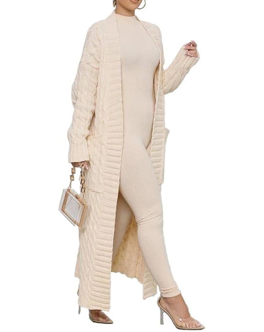 Long Sweaters for Women Cardigan Open Front Long Sleeve Plus Size Chunky Cable Knit Duster Cardigans with Pockets Winter Coat S