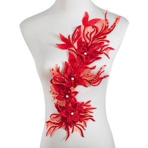 Silvora Phoenix Peacock Feather Tail Fabric Beaded Lace Applique,3D Embroidered Flower Fabric Patch for Bridal Dress, Handmade Sewing Tool for Wedding DIY Crafts(Red)