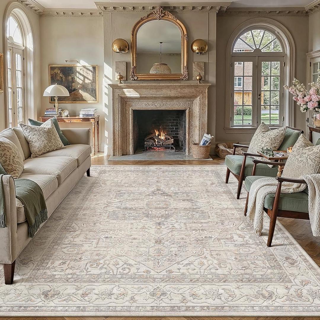 8x10 Washable Vintage Area Rug Beige Oriental Living Room Bedroom Throw Rug Neutral Non Slip Soft Low Pile Carpet for Dining Room Office Nursery Indoor
