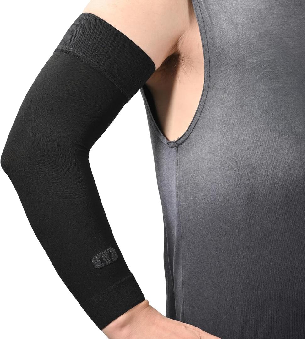 MGANG Lymphedema Compression Arm Sleeve for Women Men, Opaque, 20-30 mmHg Compression Full Arm Support with Silicone Band, Relieve Swelling, Edema, Post Surgery Recovery, Single Black M