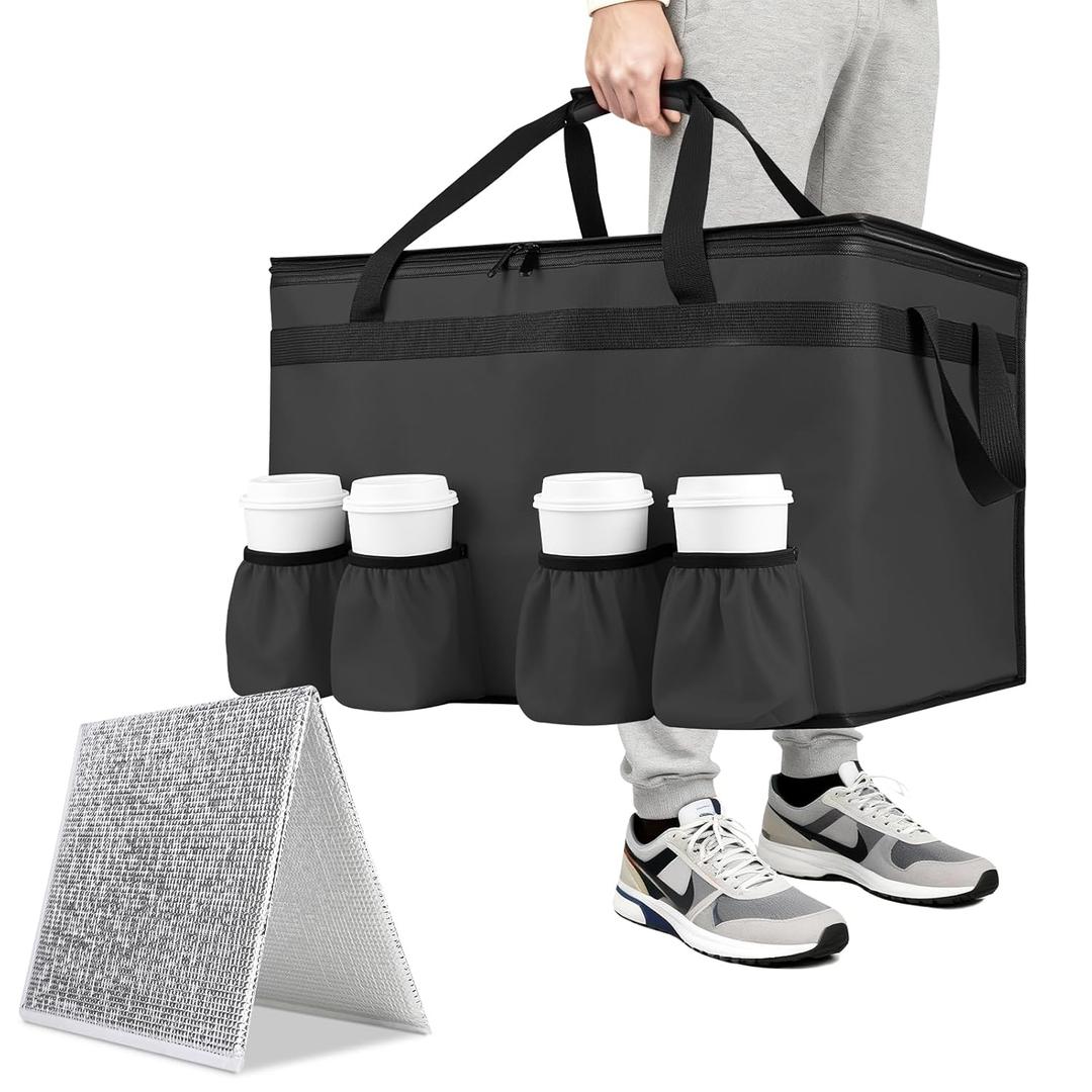 CIVJET Insulated Food Delivery Bag with 4 Cup Holder and Bottom Support, XXX-Large Insulated Grocery Bags Keep Food Hot/Cold, Cooler Bags with Drink Carrier, Food Carrier Catering Bag for Events,Black