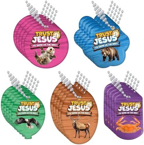 Eersida 100 Pcs 2025 VBS Faith Value Tag Pack with 25 Pcs 24'' Stainless Dog Tags Chain Necklaces True Trust North for Direction for Students Christian Summer Vacation Bible School Religious Supply
