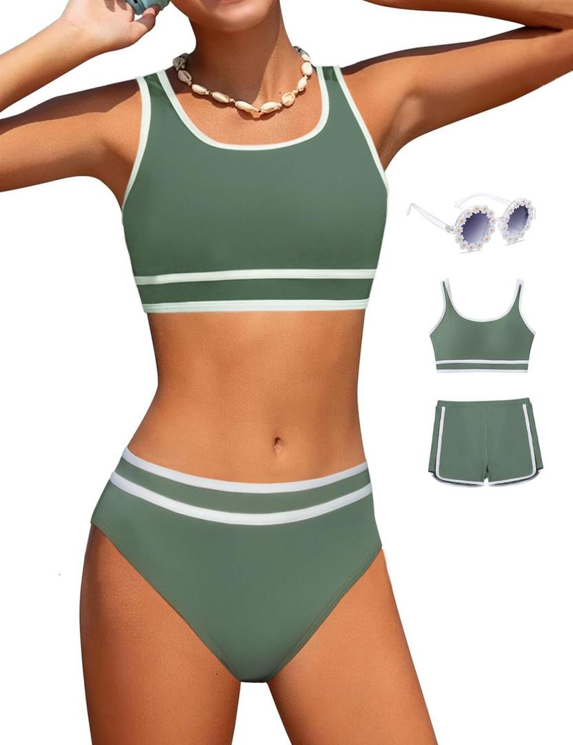 Girls Swimsuits 3 Piece Bathing Suit Bikini Set with Sporty Shorts and Sunglasses Beach Swimwear for Girl Size: 12-13 Years (Army Green)