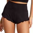 Women's Pajamas Shorts Modal Ribbed Fold Over Pleated Sleep Cheeky Ruched Cute Mini Cozy Lounge Sleepwear Bottom (Black, Size S)