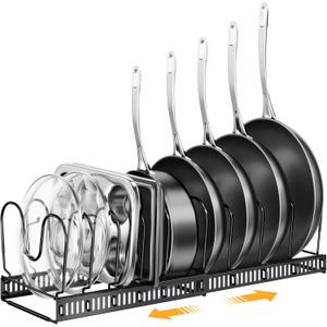 Expandable Pans and Pots Lid Organizer Rack for Cabinet - Rubber-dipped Pan Organizer Rack for Kitchen Cabinet Organizers and Storage with 10 Adjustable Dividers and Anti-scratch Strip