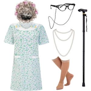EBYTOP Women's Old Lady Costume Kit with Nightgown Wig Cane & Other Halloween Cosplay Accessories (Large/X-Large, Blue)