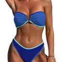 ZAFUL Women's Bandeau Bikini V Strapless Confetti Colorblock Tie Back High Cut Two Piece Swimsuit Bathing Suits (Large, 1-blue)