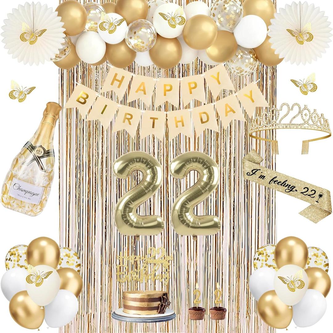 22nd Birthday Decorations, Champagne Gold Happy 22 Birthday Decorations with Sash and Crown, Banner, Fringe Curtains, Hanging Paper Fans, 22 Year Old Gifts