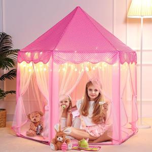 Girls Large Playhouse Kids Castle Play Tent with Star Lights Toy for Children Indoor and Outdoor Games, 55'' x 53'' (DxH) (Pink Tent with Star Lights)
