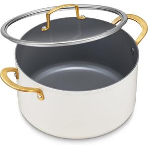 BEZIA 6 Quart Stock Pot with Lid, Ceramic Nonstick Cooking Pot, Soup Pot with Stainless Steel Handle, Tempered Glass Lid, Induction Compatible for Pasta, Soup, Spaghetti, Dishwasher Safe, Cream