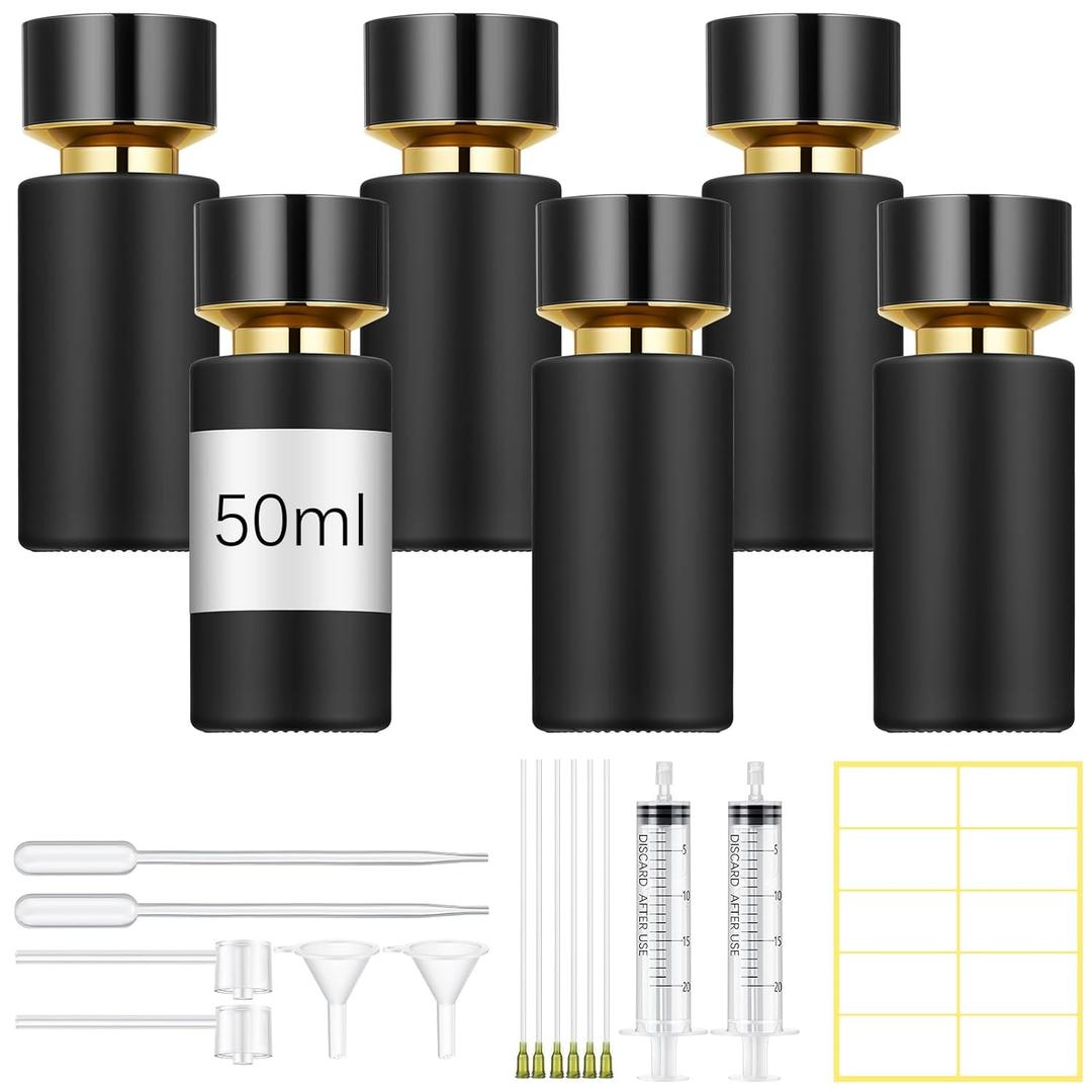 6 Pack 50ml Glass Perfume Bottles and Refill Tools Set, Travel Perfume Atomizer Spray Bottles, Portable Empty Refillable Atomizer Decanters with Dispenser Transfer Kit