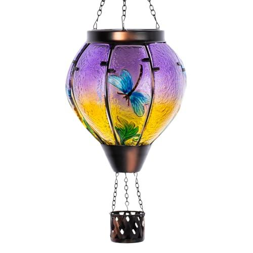 Starsoul Dragonfly Hot Air Balloon Solar Lantern Outdoor Glass Hanging Hot Air Balloon Lantern with Flame Light Waterproof for Patio Pathway Yard Porch Backyard Decor