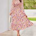 NOLLSOM Women 2026 Spring Dress Floral Boho Dress Casual Long Sleeve Crew Neck Ruffle A-Line Flowy Wedding Guest Maxi Dresses (L)